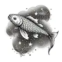 A dotwork tattoo of a koi fish swimming through a celestial background of Aquarius and Gemini constellations tattoo design idea