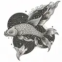 A dotwork tattoo of a koi fish swimming through a celestial background of Aquarius and Gemini constellations tattoo design idea