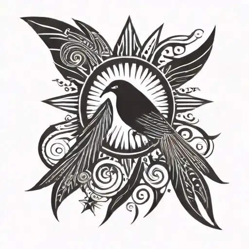 free bird bursting through sun setting tattoo design idea