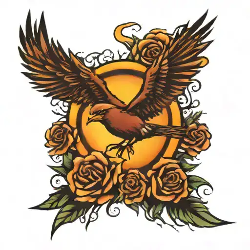 free bird bursting through the sun setting tattoo design idea