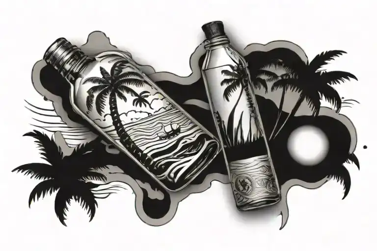 a glass bottle turned sideways, filled with a beach scene containing 2 palm trees, a surf board, and low rolling waves tattoo design idea
