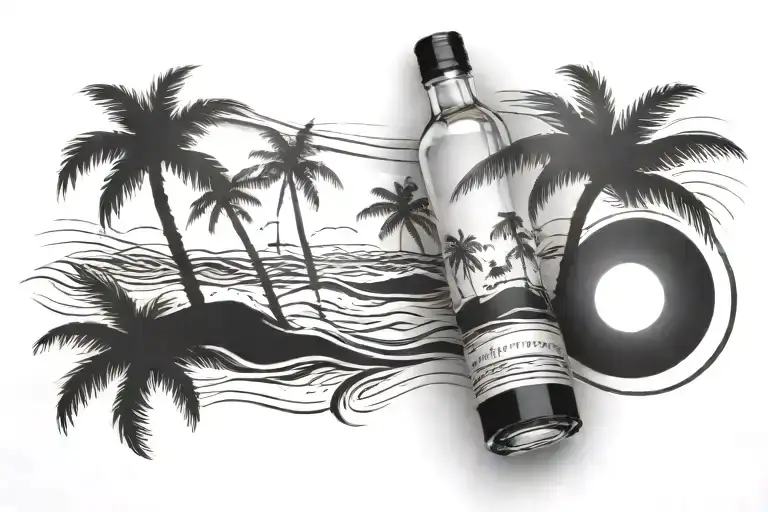 a glass bottle turned sideways, filled with a beach scene containing 2 palm trees, a surf board, and low rolling waves tattoo design idea