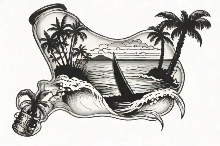 a beach scene inside of a glass bottle (turned sideways), with palm trees, a surf board, and low rolling waves. tattoo design idea