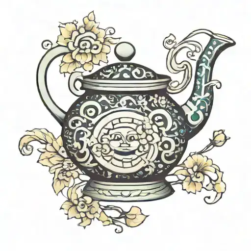 Chinese floral teapot with sun face and swirling patterns tattoo design idea