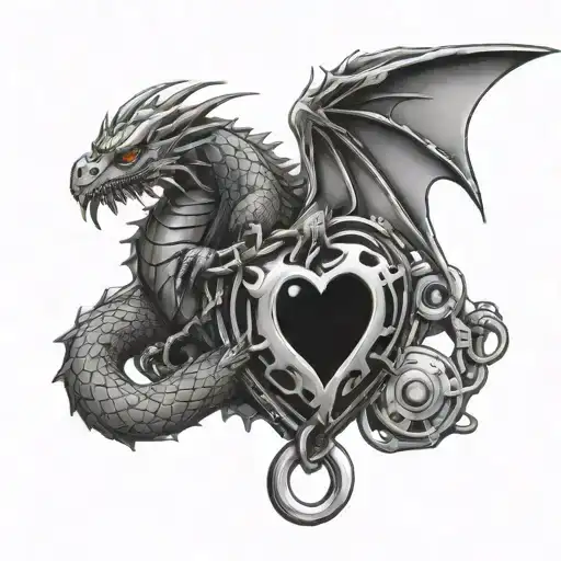 dragon wrapped bullet hole on heart shaped lock tattoo design idea