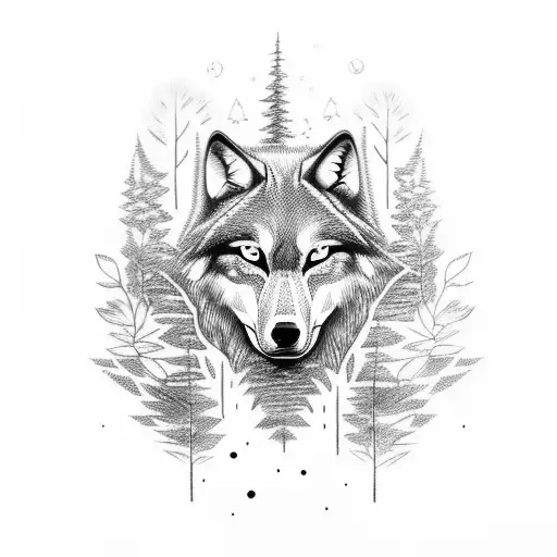 A mystical wolf with glowing eyes walking through a moonlit forest tattoo design idea