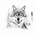 A mystical forest with hidden dog footprints and a lone wolf watching over tattoo design idea