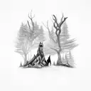 A mystical forest with hidden dog footprints and a lone wolf watching over tattoo design idea