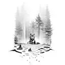 A mystical forest with hidden dog footprints and a lone wolf watching over tattoo design idea