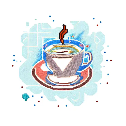 A tattoo of a pixelated coffee cup with a football and gaming controller design, set against an ocean breeze background tattoo design idea