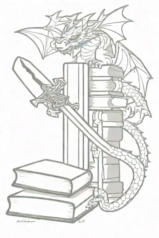Stacked books, dragons, sword, magic, fine line tattoo, black and white  tattoo design idea