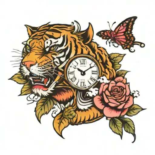 ROSE CLOCK TIGER   tattoo design idea