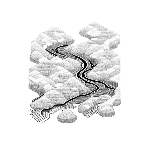 A tranquil river flowing through a circuit board pattern tattoo design idea