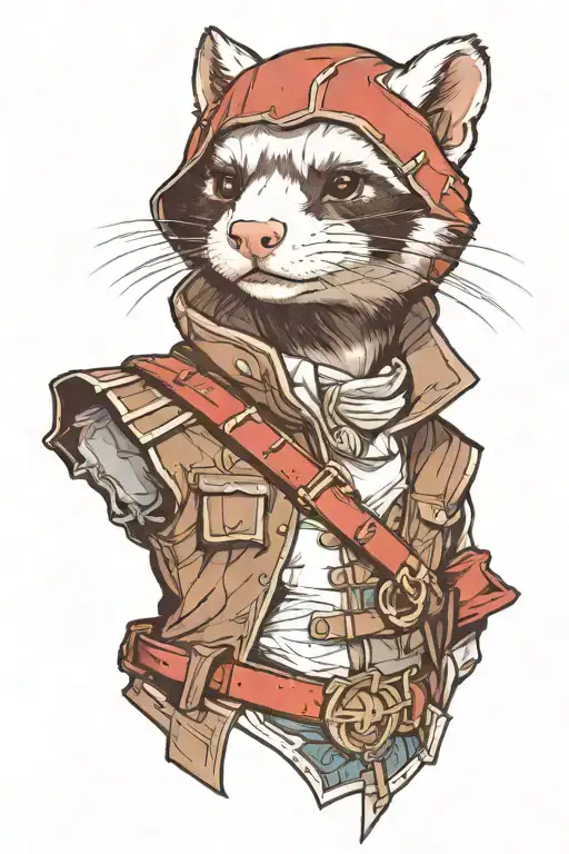 a portrait of ferret styled as assassin with hidden but visible assassins creed game logo tattoo design idea