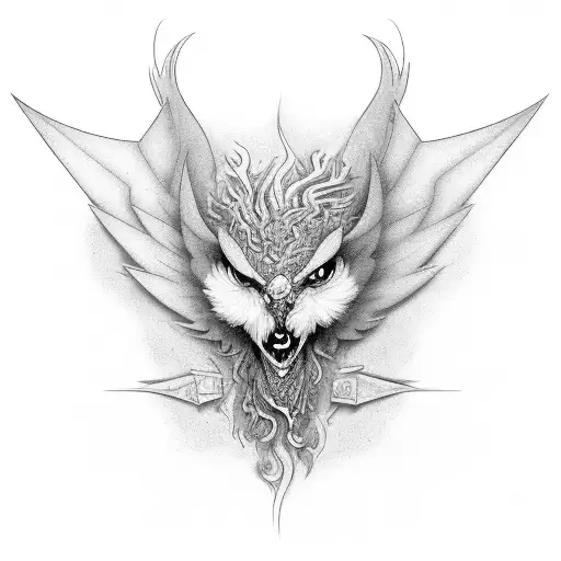 Mulam and phoenix in a black-grey realistic style tattoo design idea