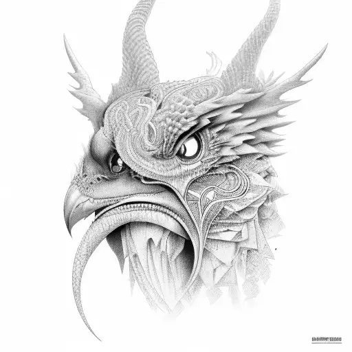 A black and grey portrait of Mulam and phoenix with intricate details tattoo design idea
