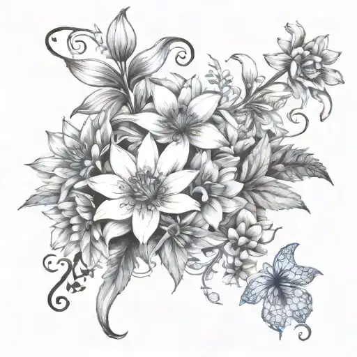 delphinium, water lily, asters and morning glories around spine tattoo of words  tattoo design idea