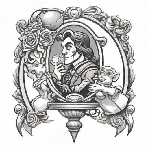 beauty and the beast Bell looking into mirror  in her hand with woody and buzz lightyear tattoo design idea