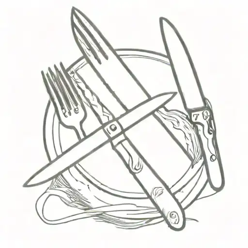 A minimalist tattoo of a chef's knife and fork crossed over a cutting board tattoo design idea