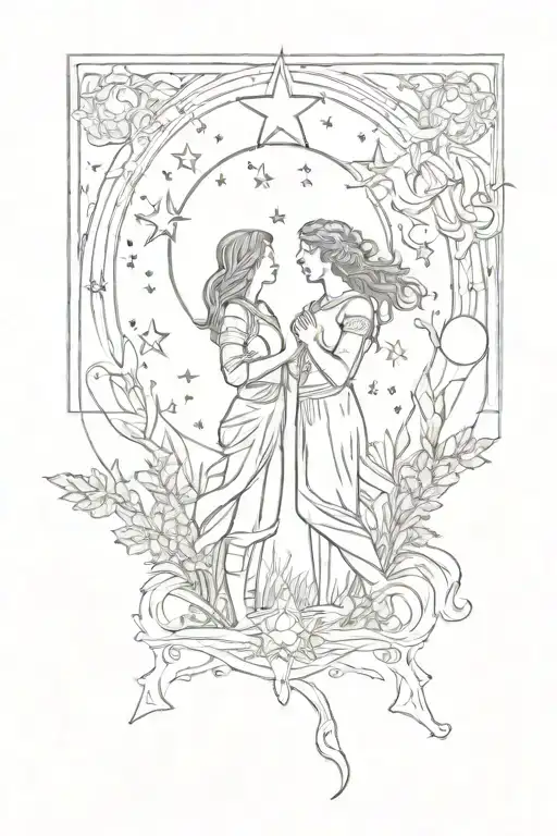 Tarot card tattoo. Two lovers standing in a meadow under a big star in the night sky. tattoo design idea