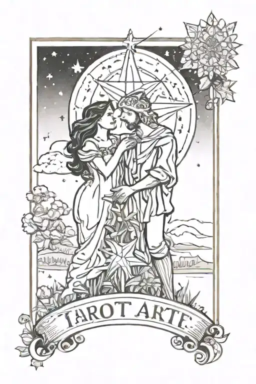 Tarot card tattoo. Two lovers standing in a meadow under a big star in the night sky. tattoo design idea