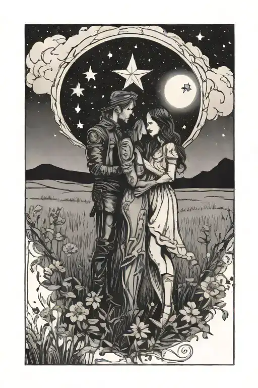 Tarot card tattoo. Two lovers standing in a meadow under a big star in the night sky. tattoo design idea