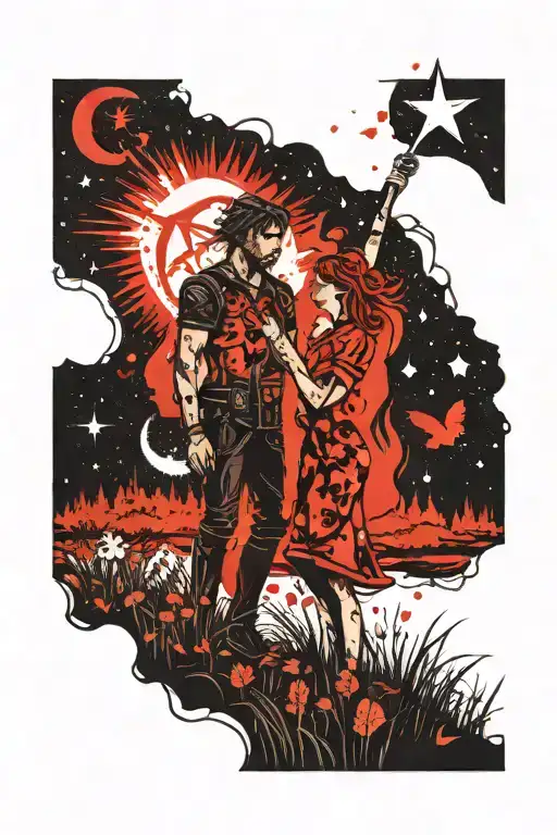 Tarot card tattoo. Two lovers standing in a meadow under a big star in the night sky. tattoo design idea