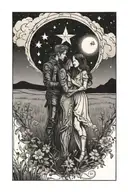 Tarot card tattoo. Two lovers standing in a meadow under a big star in the night sky. tattoo design idea