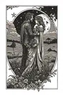 Tarot card tattoo. Two lovers standing in a meadow under a big star in the night sky. tattoo design idea