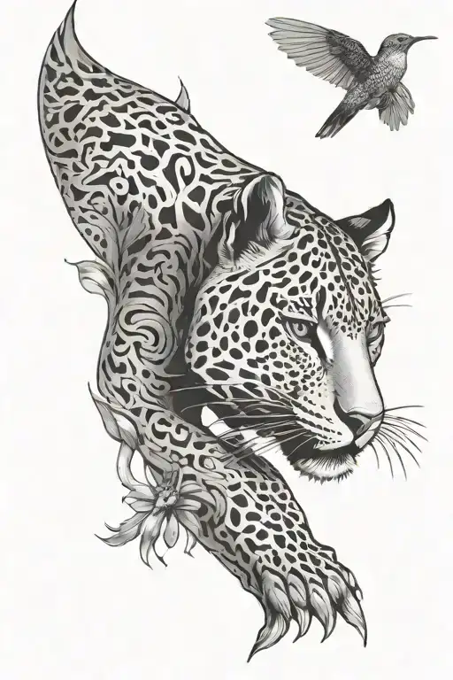 A majestic jaguar roaring under a radiant sun made of fine lines, with a tiny hummingbird flying above tattoo design idea