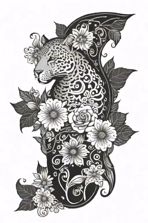 A sleek jaguar silhouette filled with intricate patterns of favorite flowers, with the word 'hummingbird' hidden within the design tattoo design idea