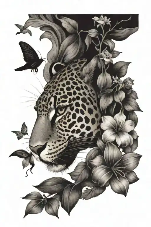 A whimsical scene of a jaguar sipping nectar from a flower, with a subtle silhouette of a hummingbird in the background tattoo design idea