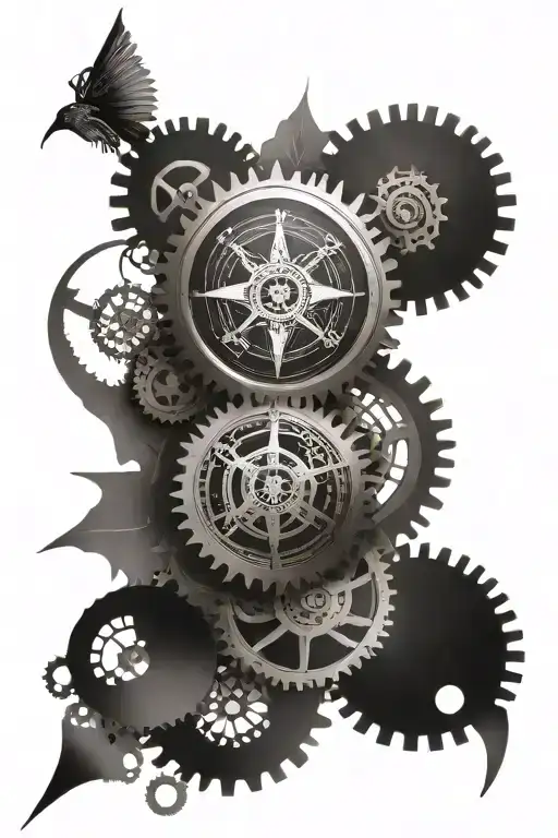 An intricate compass rose with gears and waves intertwined, representing the journey through time and the ever-changing tides of life tattoo design idea