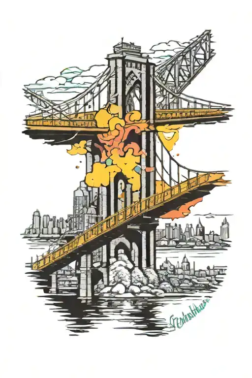 arm tattoo of Pittsburgh's 3 rivers, Roberto Clemente bridge, Duquesne Incline. Make it psychadelic and fantasy themed. tattoo design idea