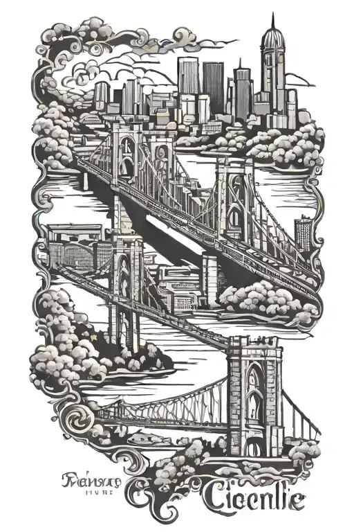 arm tattoo of Pittsburgh's 3 rivers, Roberto Clemente bridge, Duquesne Incline. Make it psychadelic and fantasy themed. tattoo design idea
