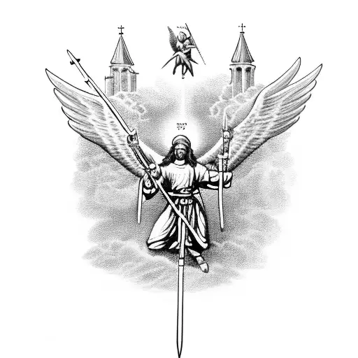 St. Michael the archangel wielding a sword of hope and shielding a group of cancer patients tattoo design idea