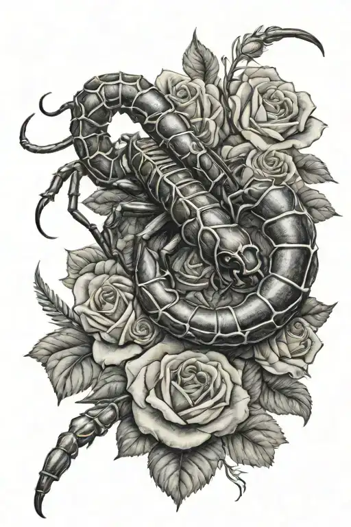 hyper realistic scorpion on top of a lot of roses tattoo design idea