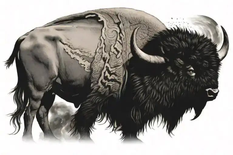 Create a tattoo of side profile of a buffalo with imagery of a storm with clouds/rain moving into sunshine and rainbows tattoo design idea