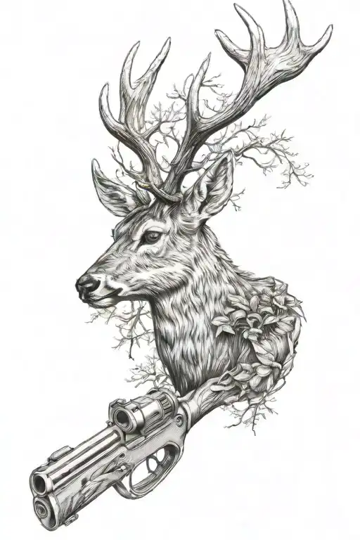 deer head in forest with gun shooting tattoo design idea