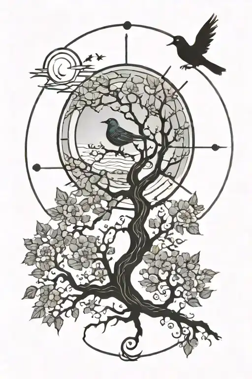 bird and tree and sun rising tattoo design idea