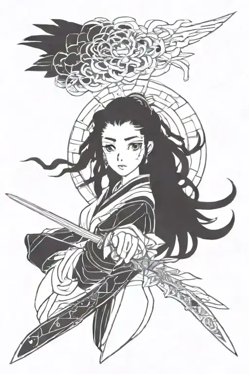 Nezuko with a sword and an echo flowers flowing hair tattoo design idea