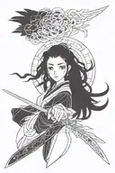Nezuko with a sword and an echo flowers flowing hair tattoo design idea