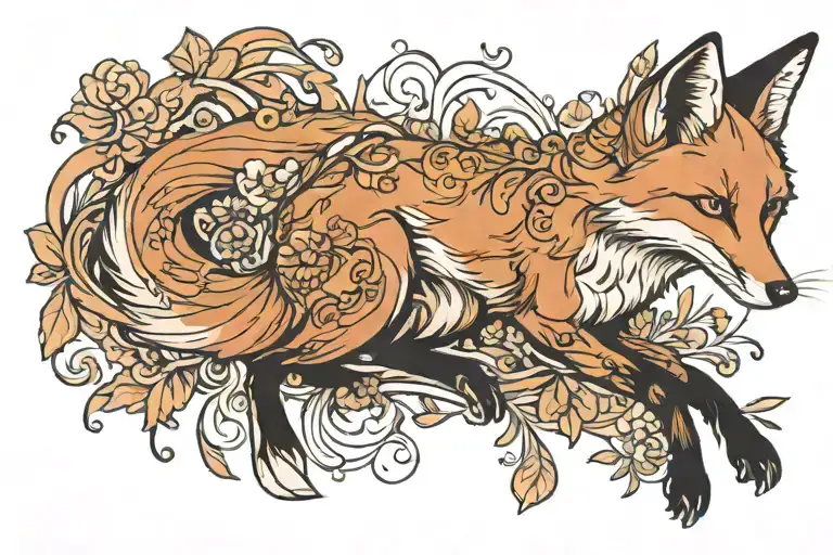fox jumping  delicate aloof eye contact  tattoo design idea