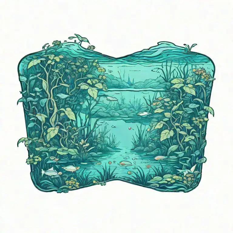 freshwater landscape, plant life, overgrowth, point of view is water level partially underwater, art nouveau  tattoo design idea