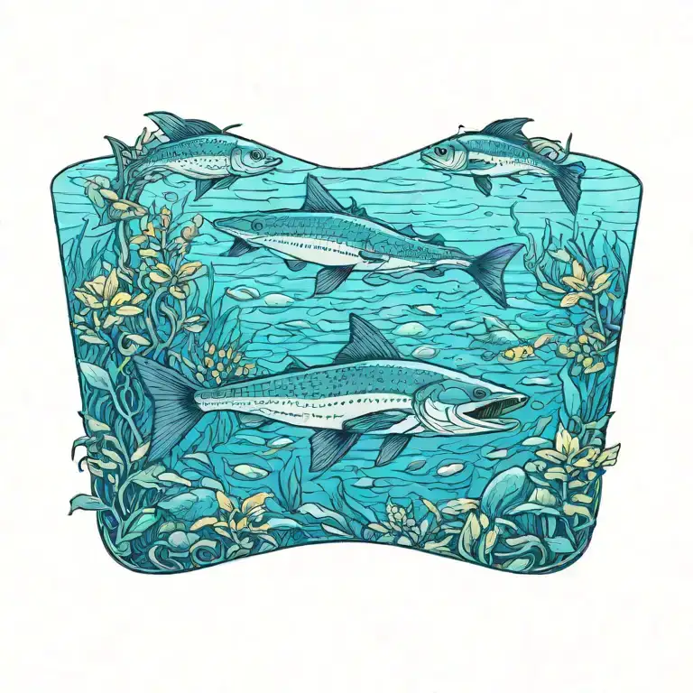 freshwater landscape, lots of animal and plant life, large catfish, water birds, view of underwater art nouveau elements tattoo design idea