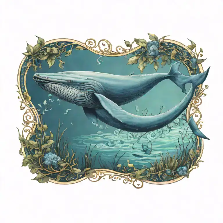 A majestic blue whale swimming through a field of art nouveau inspired underwater plants tattoo design idea