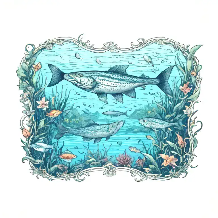 freshwater landscape, lots of animal and plant life, large catfish, water birds, view of underwater art nouveau elements tattoo design idea