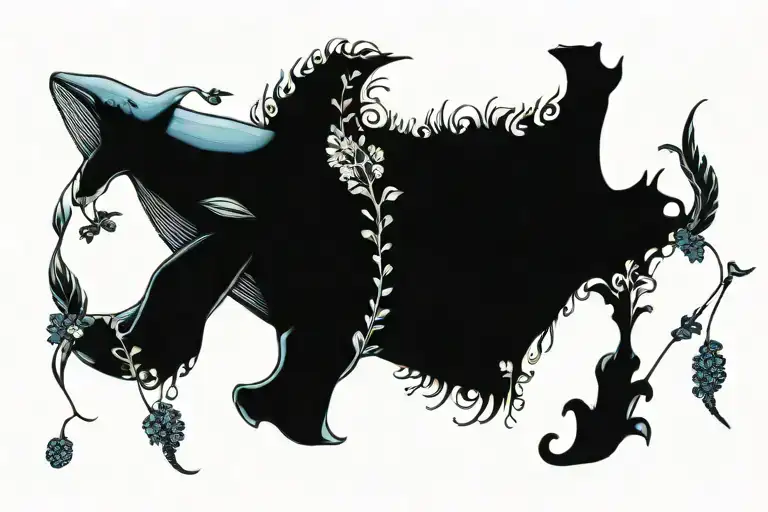 A majestic blue whale swimming through a field of art nouveau inspired underwater plants tattoo design idea