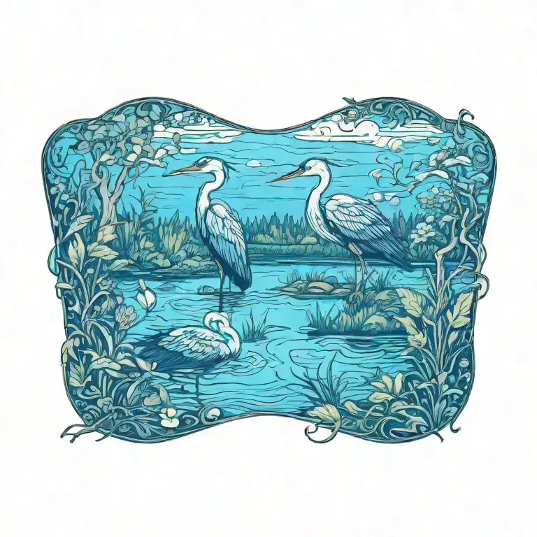 freshwater landscape, lots of animal and plant life, herons and loons, art nouveau elements tattoo design idea