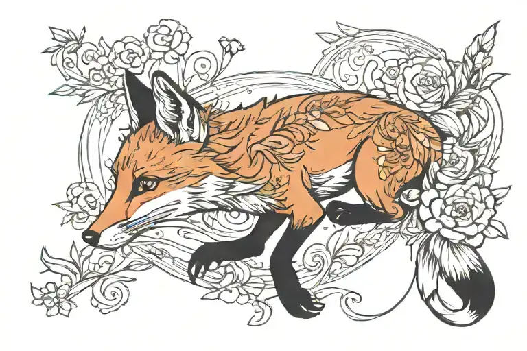 fox jumping  delicate aloof eye contact  tattoo design idea
